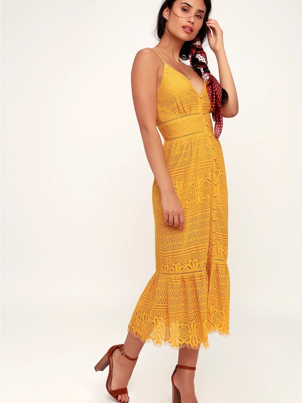 Lulus Robyn Mustard Yellow Spaghetti Strap Lace Button-Up Midi Dress - Picture 9 of 9